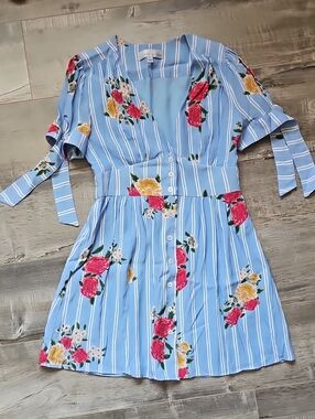 Adelyn Rae Light Blue Striped Dress Floral